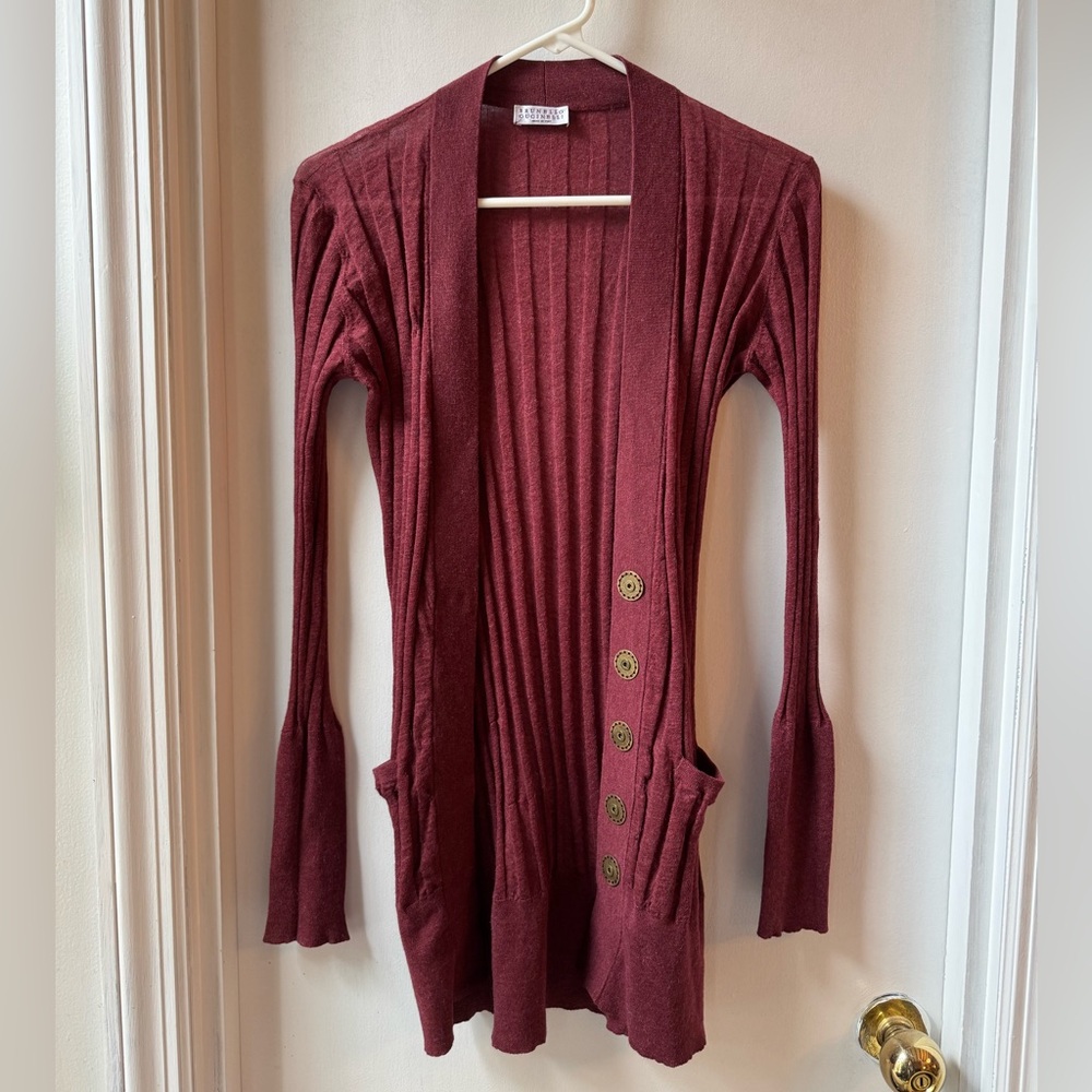Brunello Cucinelli Burgundy Silk Wool Cardigan